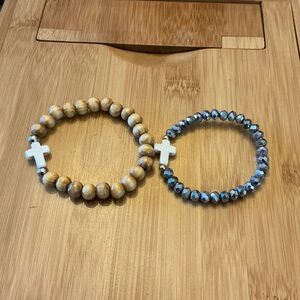 Beaded Cross Stretch Bracelets - Wood & Iridescent